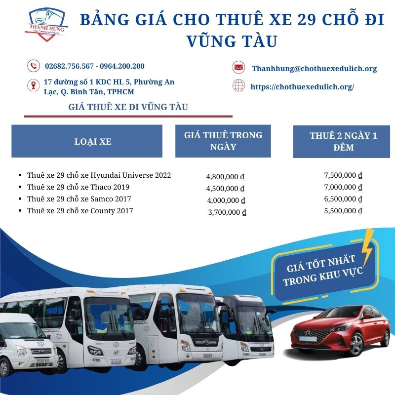 Bảng giá cho thuê xe 29 chỗ đi Vũng Tàu