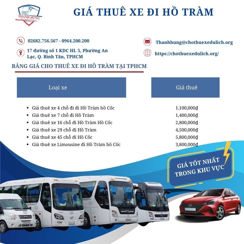 Bảng giá thuê xe đi Hồ Tràm