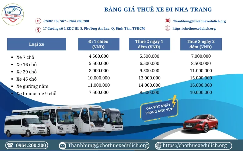 Bảng giá thuê xe đi Nha Trang