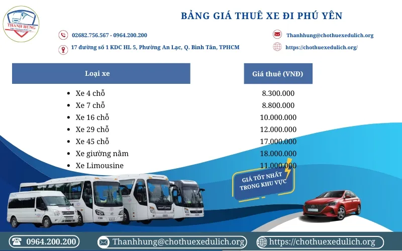 Bảng giá thuê xe đi Phú Yên